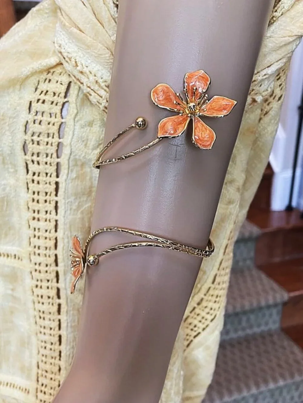 Boho Orange Enamel Flower Arm & Ankle Cuff Bracelet | Adjustable - Picture 10 of 13